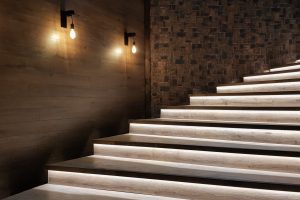 Illuminated,Staircase,With,Wooden,Steps,And,Illuminated,At,Night,In
